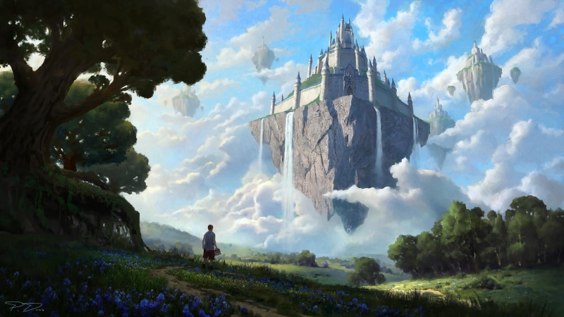 Boy, Landscape, Castles, Castle, 1080P, Waterfall, Floating Island