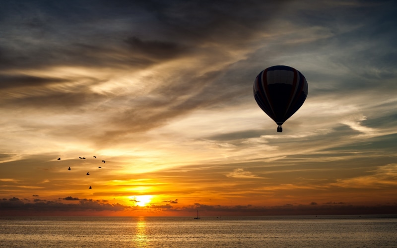 landscape, 2K, sunlight, sky, sunset, hot air balloons