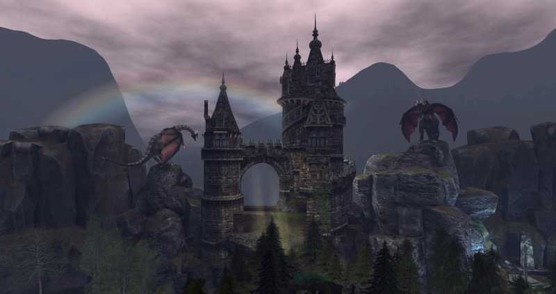 fantasy, travel, outdoors, the past, built structure, 2K, rock, dusk, building exterior, castle, mythical creatures, romantic, mystical, sky, dragon, place of worship