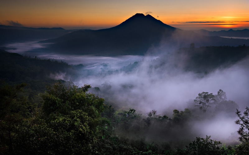 valley, trees, 2K, green, mountain, volcano, bali, indonesia, nature, forest, landscape, mist, sunrise