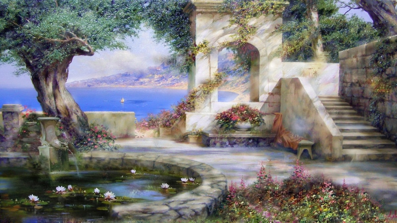 art, flower, landscape, tree, patio, 4K, garden, painting, nature, pond, fountain, crimea, artwork