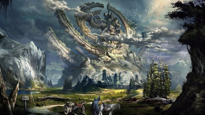 ring, forest, magic, mountain, tree, 1080P, fantasy world, sky, fantasy art, artwork, landscape, mythology
