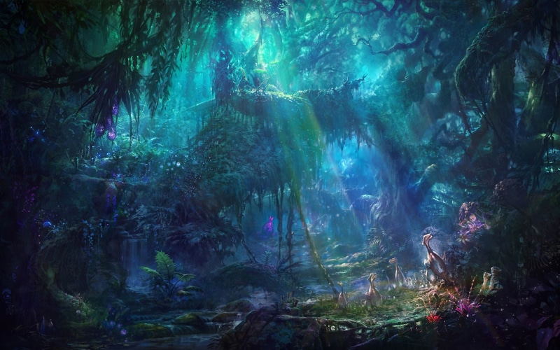 1080P, sun rays, fantasy art, landscape, trees, grass, forest, flowers, jungle, digital art