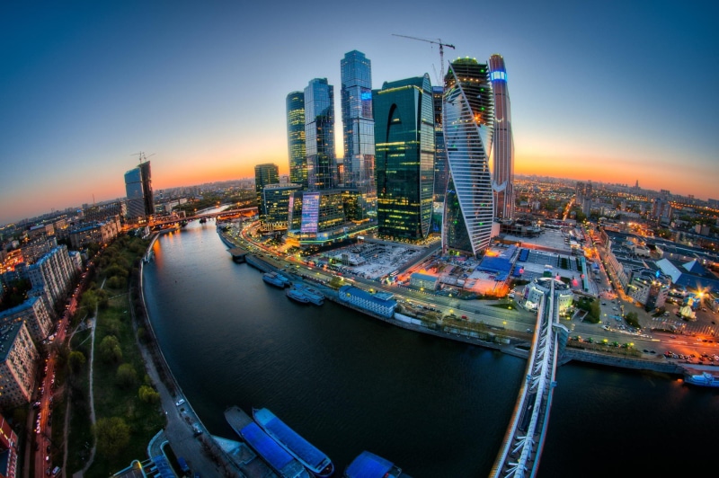 OKO, Federation, Mercury City Tower, bridge Bagration, Sunset, Tower 2000, Moscow, Eurasia Capital City, Moscow River, Embankment Tower, tower, Moscow City