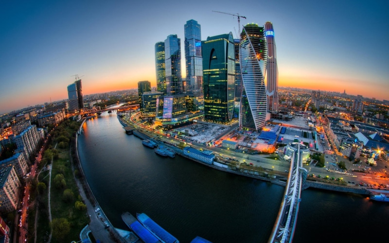 Sunset, City, Lights, Buildings, Moscow, River, Bridge, 1080P