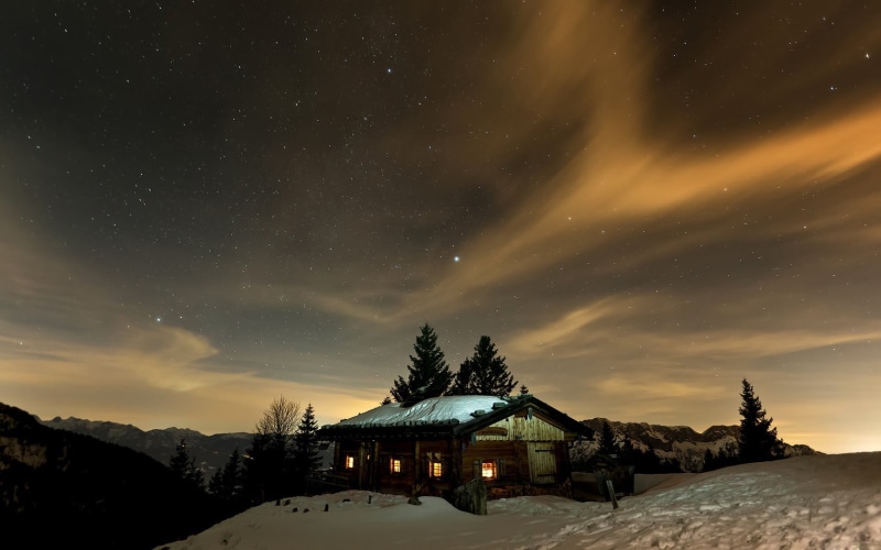 building exterior, cold temperature, cabin, brown, 720P, tranquility, tranquil scene, outdoors, beauty in nature, star - space, nature, snowcapped mountain