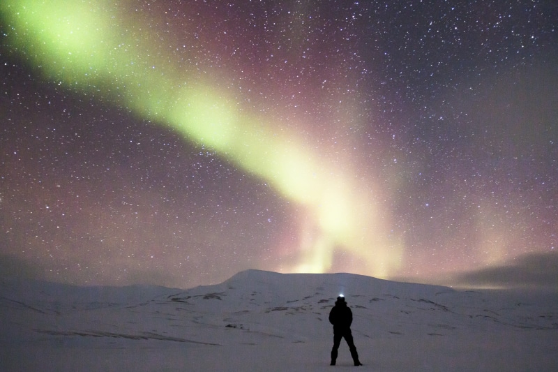 background, Aurora, field, lights, polar lights, snowy landscape, adventure, magical night, mountain, one person, sky, star - Space, 5K, mountain range