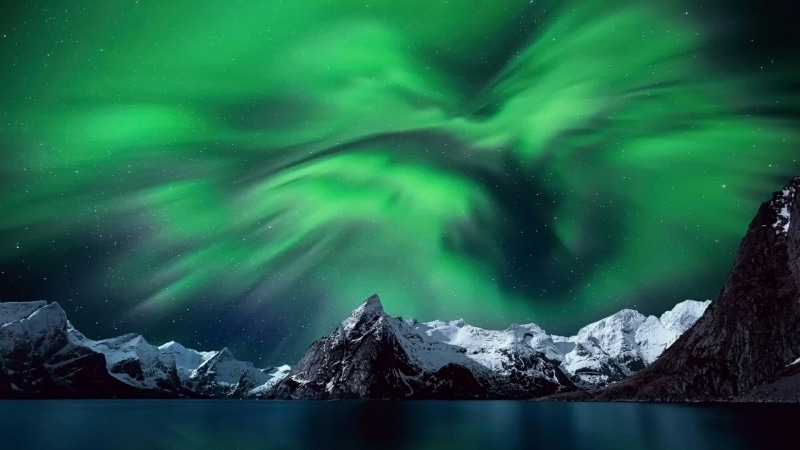 winter, mountain, ice, no people, mountain range, snowcapped mountain, water, mount scenery, astronomy, sky, northern lights, tranquility, nature, night lights