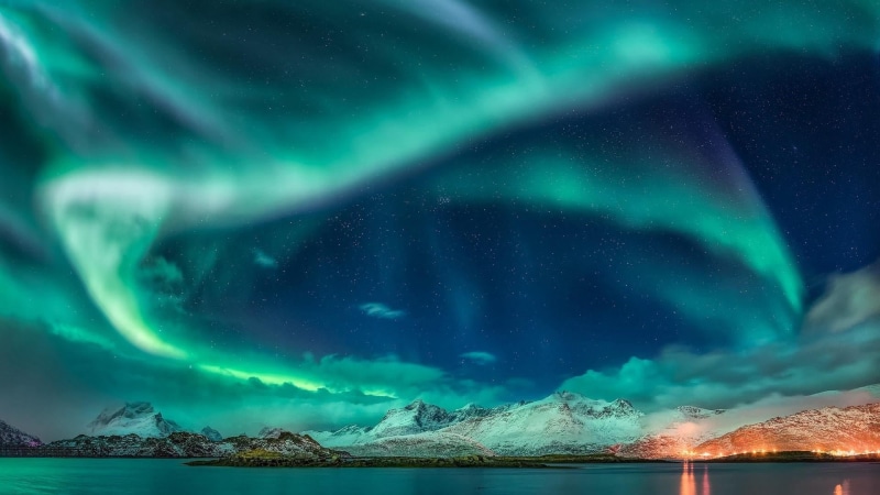 lagoon, polar lights, aurora polaris, night, 1080P, nature, power in nature, stars, dramatic sky, no people, cold temperature, sea, aurora borealis, starry night