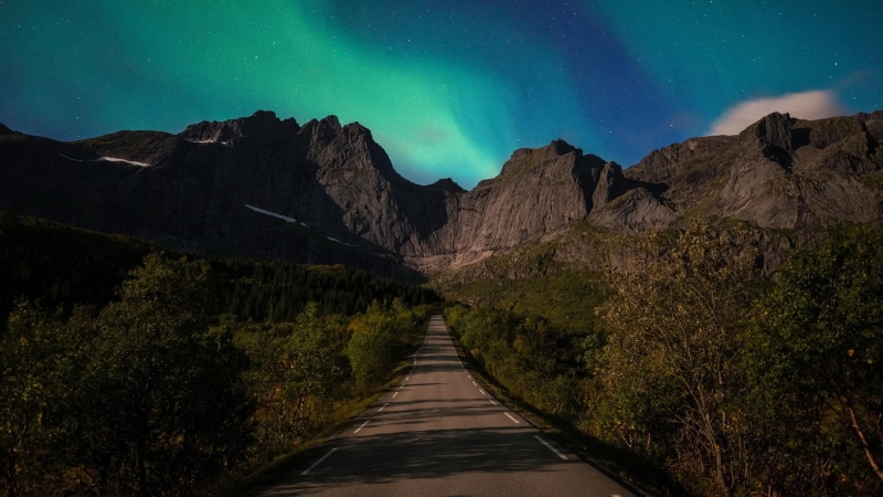 northern lights, landscape, night lights, lofoten, night, night sky, aurora borealis, polar lights, stars, aurora, europe, norway, road, mountain, 1080P