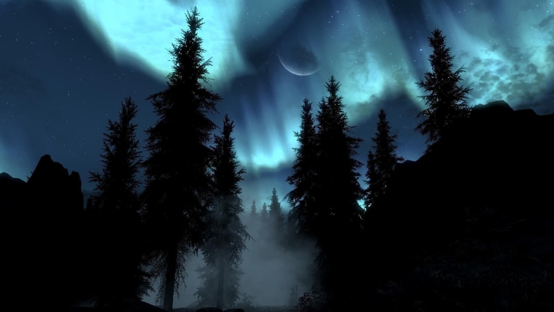landscape, scenics - nature, blue, fog, spooky, power in nature, silhouette, outdoors, night, Skyrim, growth, tranquil Scene, sky, black Color, mountain