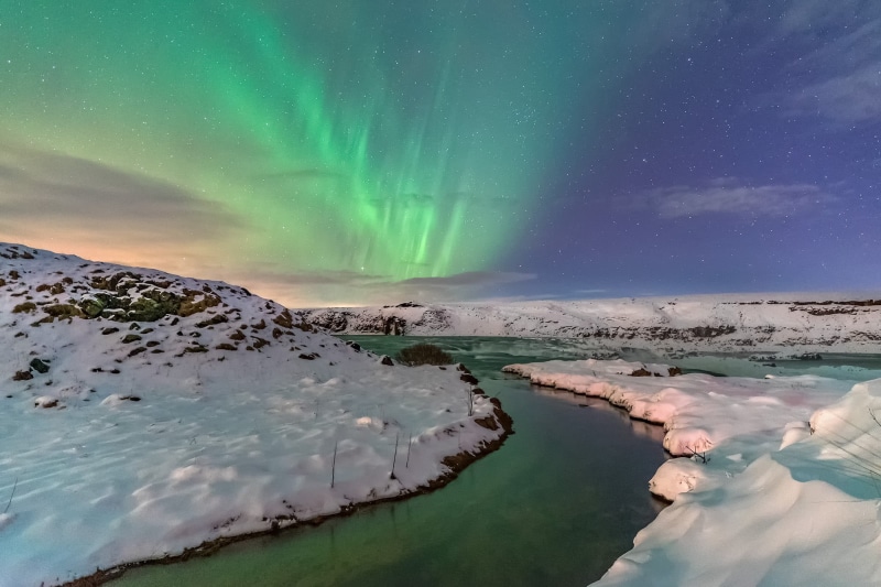 1080P, Aurora borealis, Urridafoss, nightscape, night  sky, scenics, Stream, winter, snow, river, northern lights, Iceland, stars, aurora, borealis, landscape