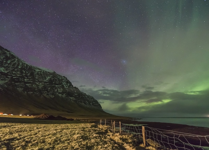 nightscape, star - Space, coast, night  sky, landscape, green sky, iceland, 480P, fence, galaxy, stars, astronomy, sky, Aurora Borealis, geomagnetic storm