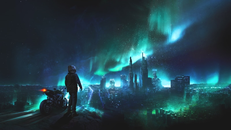 green, motorcycle, skyscraper, digital art, blue, skyline, lights, cityscape, stars, 2K, standing, helmet, city, night