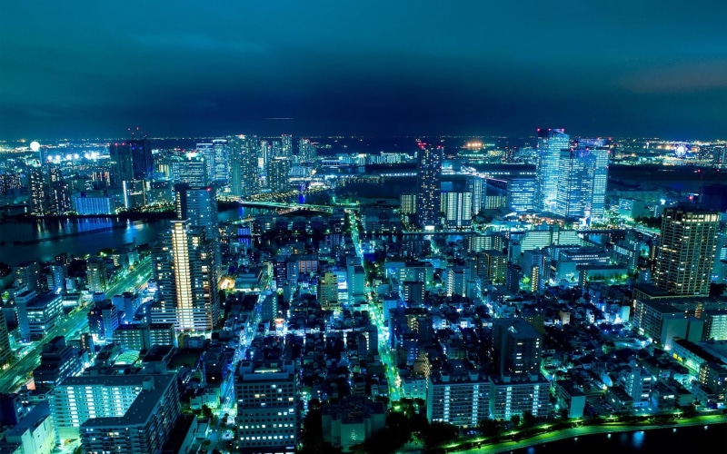 Japan, cyan, city, modern, city lights, built structure, sky, crowded, nature, outdoors, cityscape, blue, financial district, illuminated, 1080P, crowd