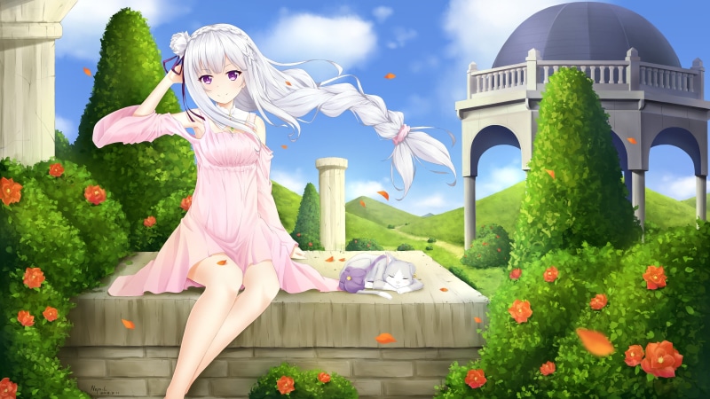 real people, haired, illustration, females, petals, pink, pink color, flowering plant, clouds, Re:Zero Kara Hajimeru Isekai Seikatsu, cat, character, long hair