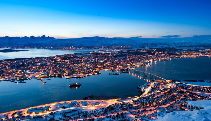tromso, covered, 2K, snow, Norway, near, city, lights, winter, lake, Night, houses, mountains, panorama, street, bridge, landscape.