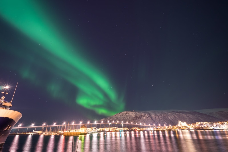 aurora polaris, scenics - nature, star - space, reflection, nordlicht, tromso, bridge, nord, northern lights, beauty in nature, norway, natural phenomenon