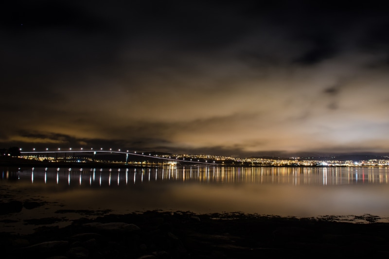 norwegian sea, illuminated, norway, nature, tromso, building exterior, bridge, night, no people, light, cloud - sky, 2K, water, lights, architecture, outdoors