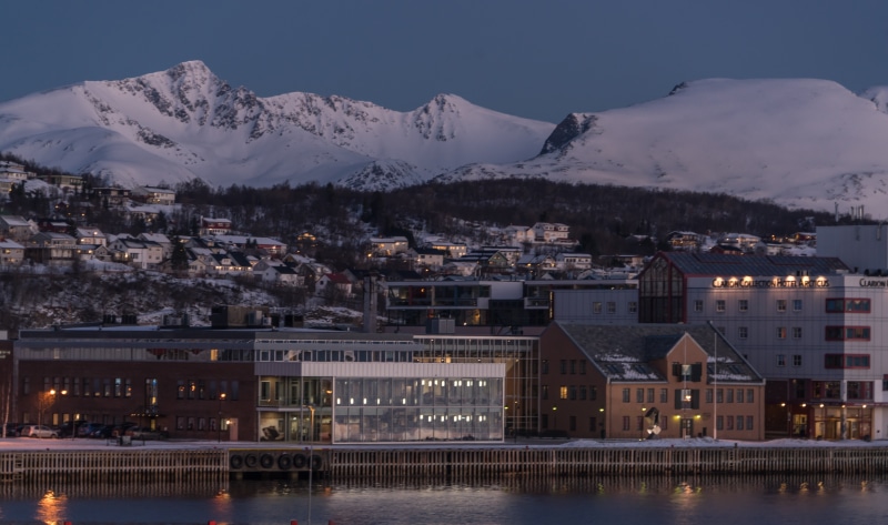 snow, outdoors, winter, city, built structure, building exterior, landscape, snowcapped mountain, cityscape, norway, house, tromso, dark, water, scandinavia