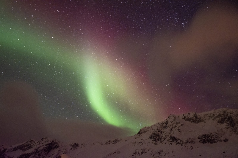 no people, tromso, scenics - nature, snowcapped mountain, sky, beauty in nature, space, aurora borealis, 5K, star - space, idyllic, winter, tranquility
