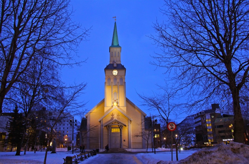 building, dusk, cathedral, spire, city, tree, place of worship, sea, winter, beautiful, scenery, evening, arctic, norway, nature, nordic, scenic, mountain