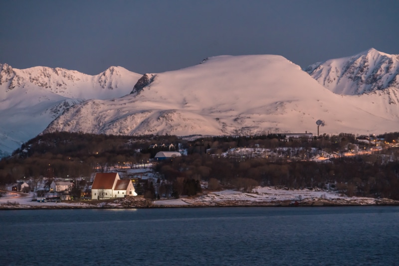 sunrise, scenery, beauty in nature, tromso, scenics - nature, snow, norway, mountain range, dark, architecture, european city, scenics, city, church, nature