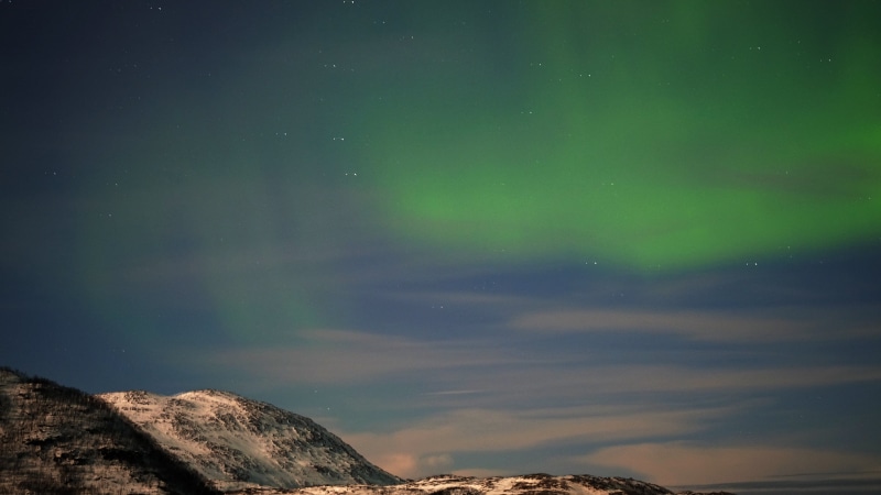 northern lights, mountain, natural phenomenon, 2K, astronomy, tromso, idyllic, snow, winter, green color, beauty in nature, low angle view, norway, space