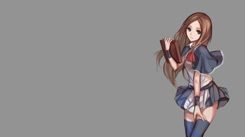 blue eyes, Castlevania: Portrait of Ruin, anime, Skirt, Charlotte Aulin, Simple Background, highs, 1080P, brunette, thigh, Swd3e2, Long Hair, Anime Girls