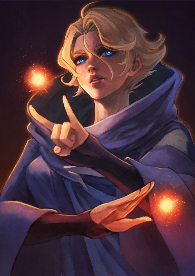 blue eyes, magician, MonoriRogue, cloaks, short hair, 2K, Castlevania (anime), Sypha Belnades, fireballs, blonde