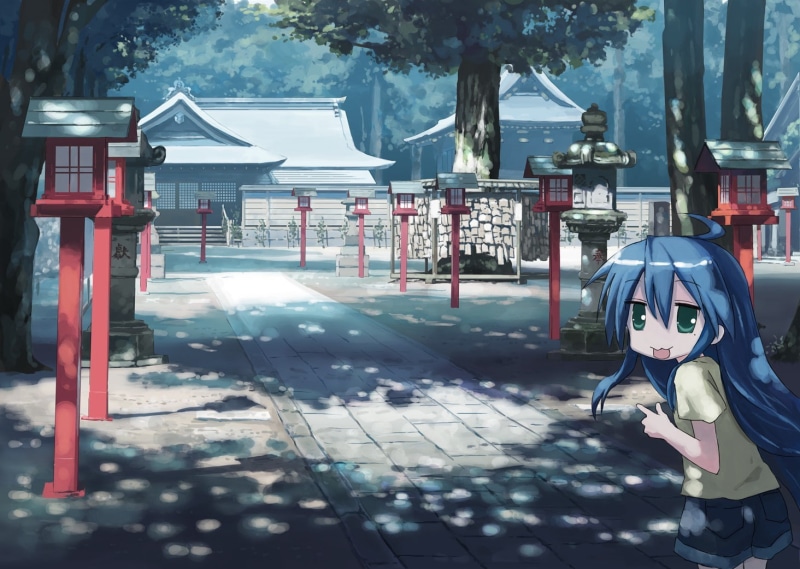 architecture, art and craft, built structure, real people, one person, footpath, representation, Izumi Konata, Lucky Star, tree, leisure activity, human representation