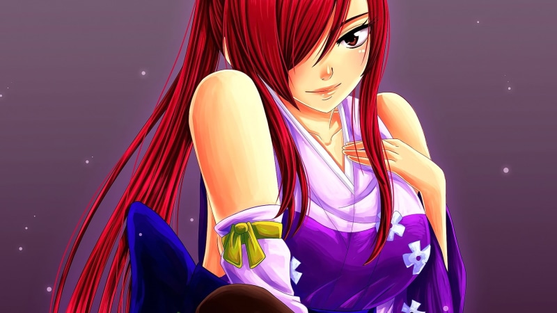 portrait, clothing, Fairy Tail, studio shot, red, looking away, colored background, women, purple, anime, adult, human body part, front view, hairstyle
