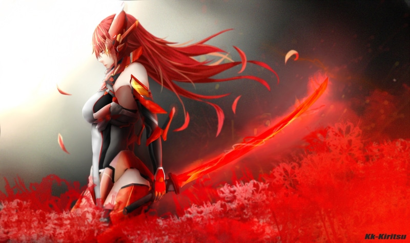 flame, fashion, one person, nature, red, beautiful people, 2K, red eyes, beauty, redhead, dancing, adult, long hair, young adult, sword, fantasy girl