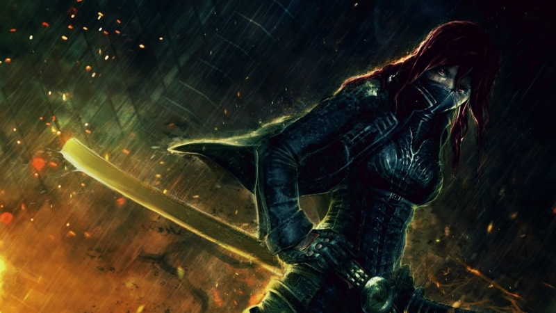 Girl, Rain, Sword, Anime, Night, Glove, Red Eyes, Erza Scarlet, 1080P, Weapon, Fairy Tail, Red Hair, Woman, Mask, Dark, Armor, Belt