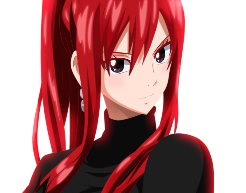 Anime, obscured face, white background, headshot, front view, clothing, teenager, young adult, human face, portrait, red, studio shot, Erza Scarlet, beautiful woman