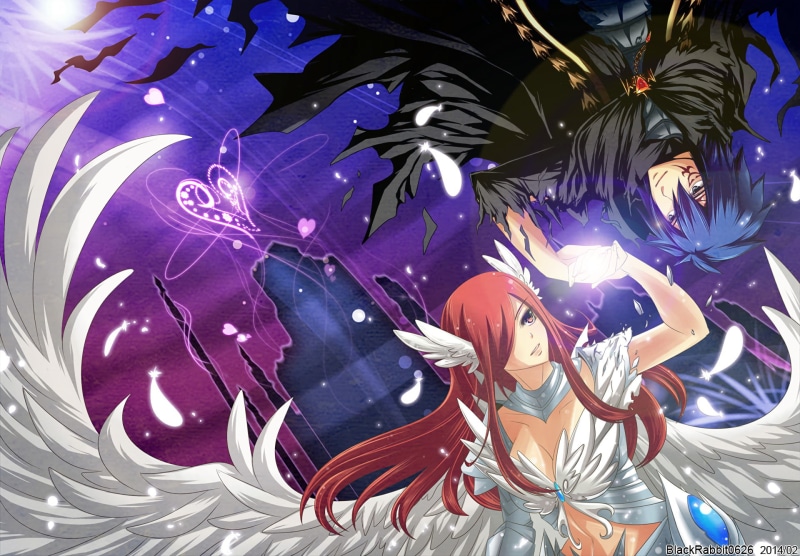 young adult, purple, creativity, close-up, illuminated, women, blue, water, Fairy Tail, silver colored, Erza Scarlet, paint, Anime, art and craft, Jellal Fernandes
