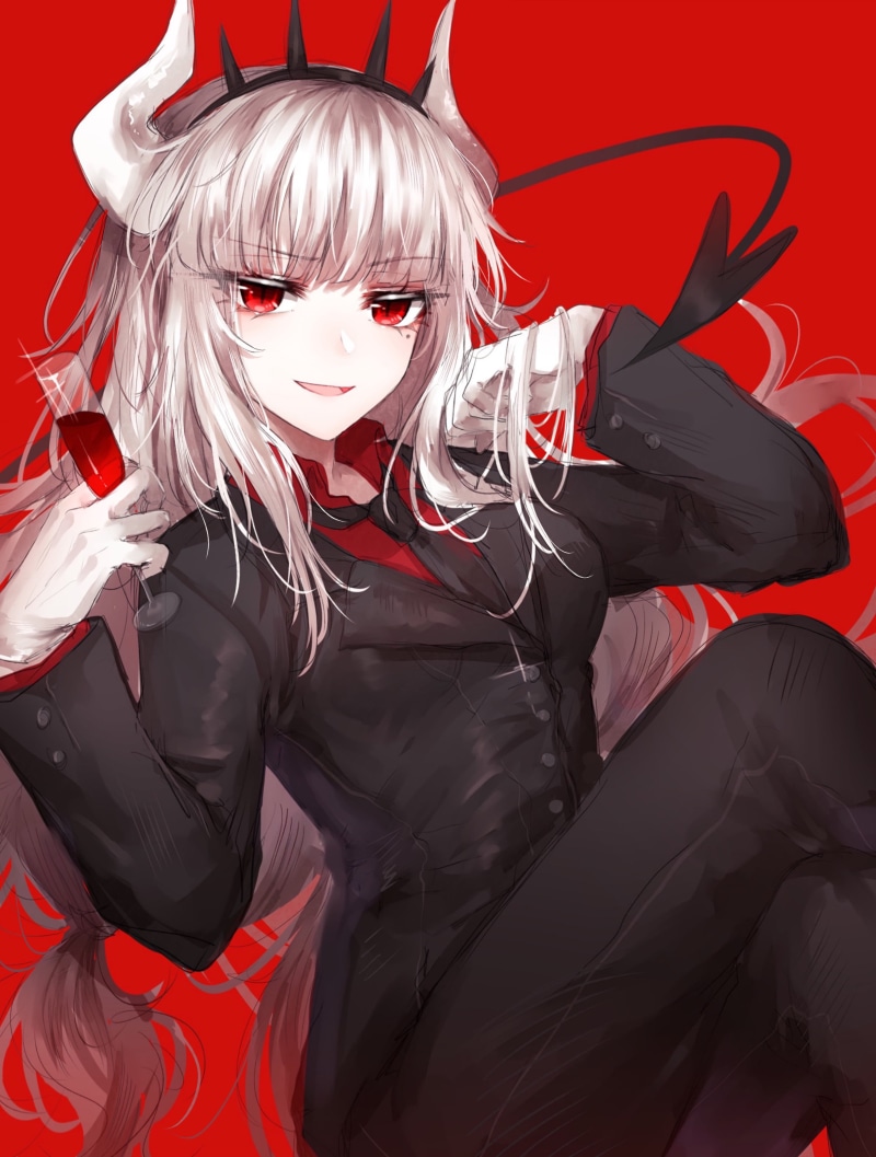 Helltaker, anime girls, 2K, Lucifer (Helltaker), red eyes, white hair