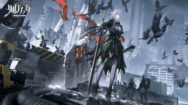 1080P, ruins, church, city, standing, video game characters, Patriot(Arknights), horns, black dress, video games, low-angle, white hair, sword, mist, Talulah(Arknights)
