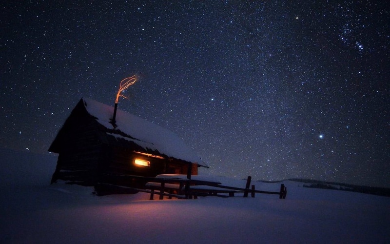 astronomy, wooden, illuminated, nature, tranquil scene, cold temperature, scenics - nature, winter, no people, brown, night, infinity, snow, planet, space