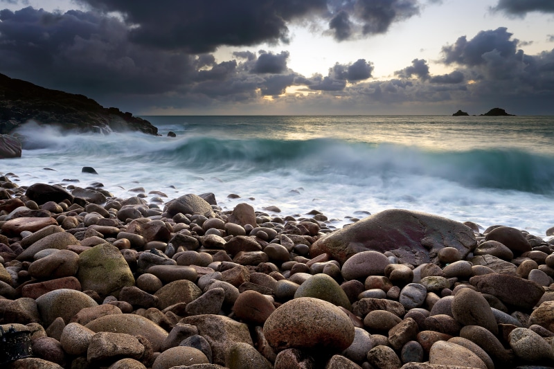 sea, daytime, nature, body of water, Porth Nanven, waves, beach, wave, stones, seascape, rocks, body, scenics, sunset, clouds, coastline, water, 5K, Cornwall