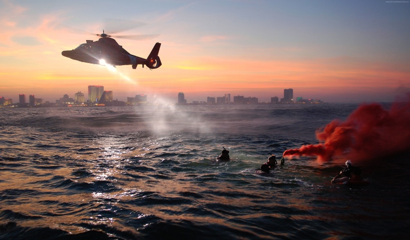 rescue helicopter, MEDEVAC, 4K, air vehicle, building exterior, architecture, office building exterior, bird, skyscraper, sky, night, flying, sea, built structure