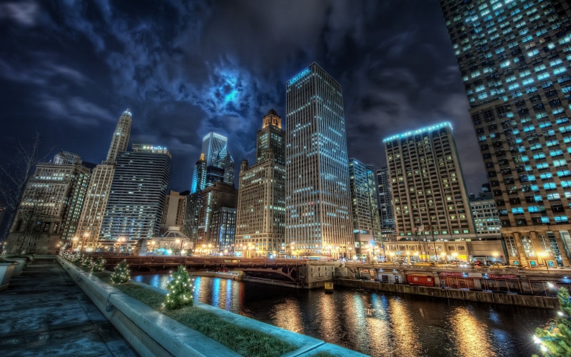 river, lights, Chicago, night, clouds, building, HDR, city, 2K
