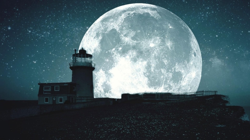 moon, coast, night, amazing, 1080P, skies, lighthouse, night sky, starry night, stars, full moon