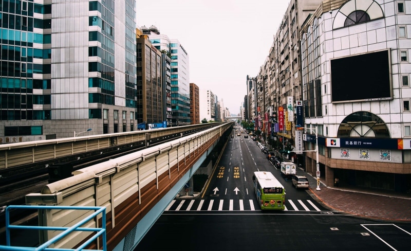 symbol, outdoors, office building exterior, Tokyo, 720P, architecture, handrail, nature, street, day, cityscape, Asia, built structure, road, building