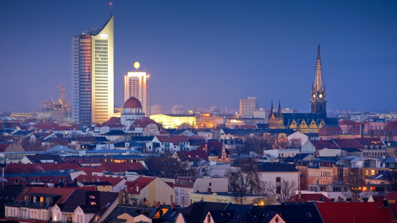 city, Lights, 4K, Buildings, view, Night, Leipzig, Germany, aerial