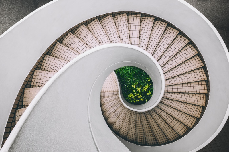 4K, architecture, stairs, spiral, plants