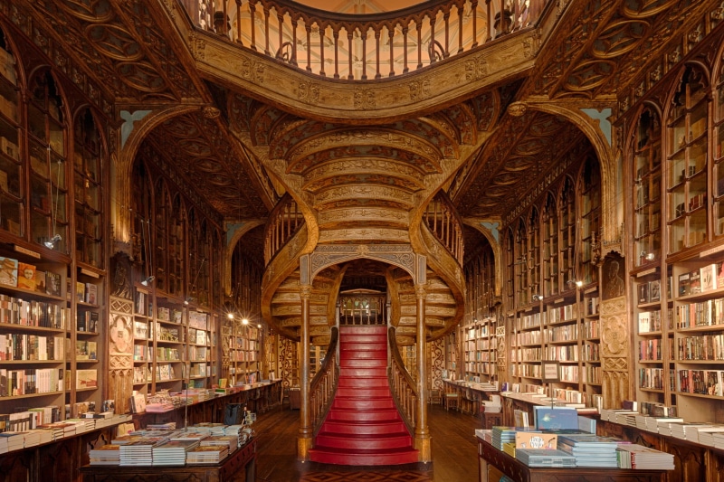 stairs, shelves, wood, interior, staircase, Portugal, 1080P, Porto, books, Livraria Lello, bookshelf