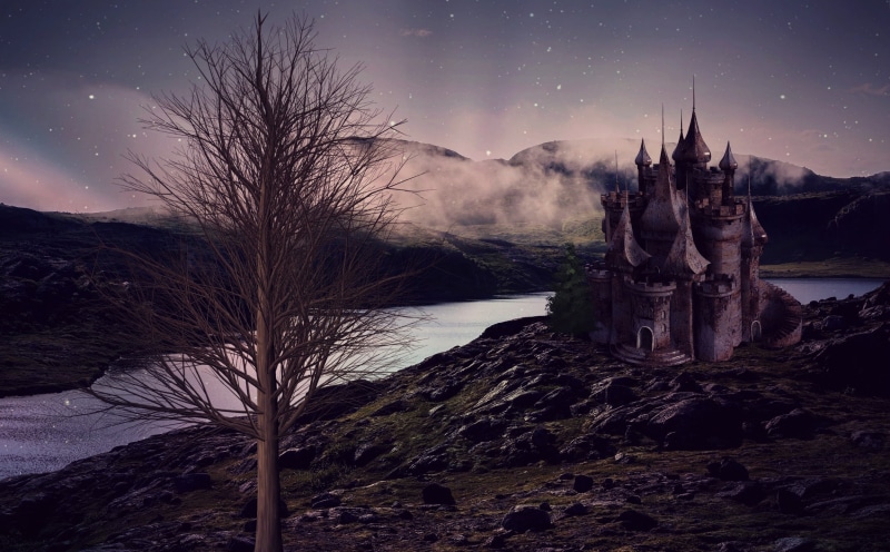 spirituality, castle, mountains, landscape, middle ages, religion, mood, plant, fairytale, painting, outdoors, 1080P, fairy tales, gray, scenics, bare tree