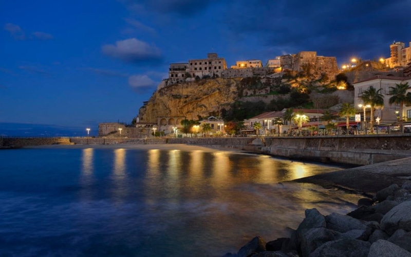 Italy, night, landscape, coast, sea, Pizzo Calabro, 720P, city, Calabria, lights, town