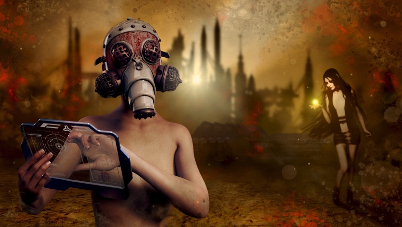 dark, light, bizarre, female, end time, 4K, wearing, gas mask, night, building, video, man, lapsed, futuristic, infested, robot, broken, human representation